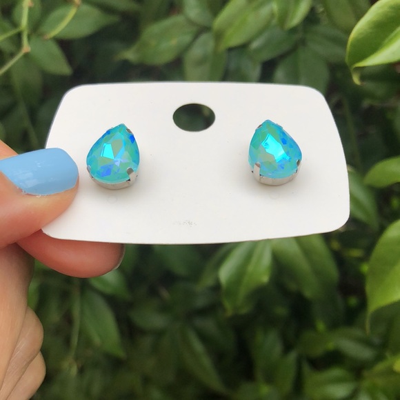 Aquamarine AB Pear Crystal Earrings - Picture 4 of 5